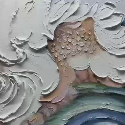 Ocean Whispers hand-painted cream, white and ocean blue textured ocean wave painting shown with gold frame