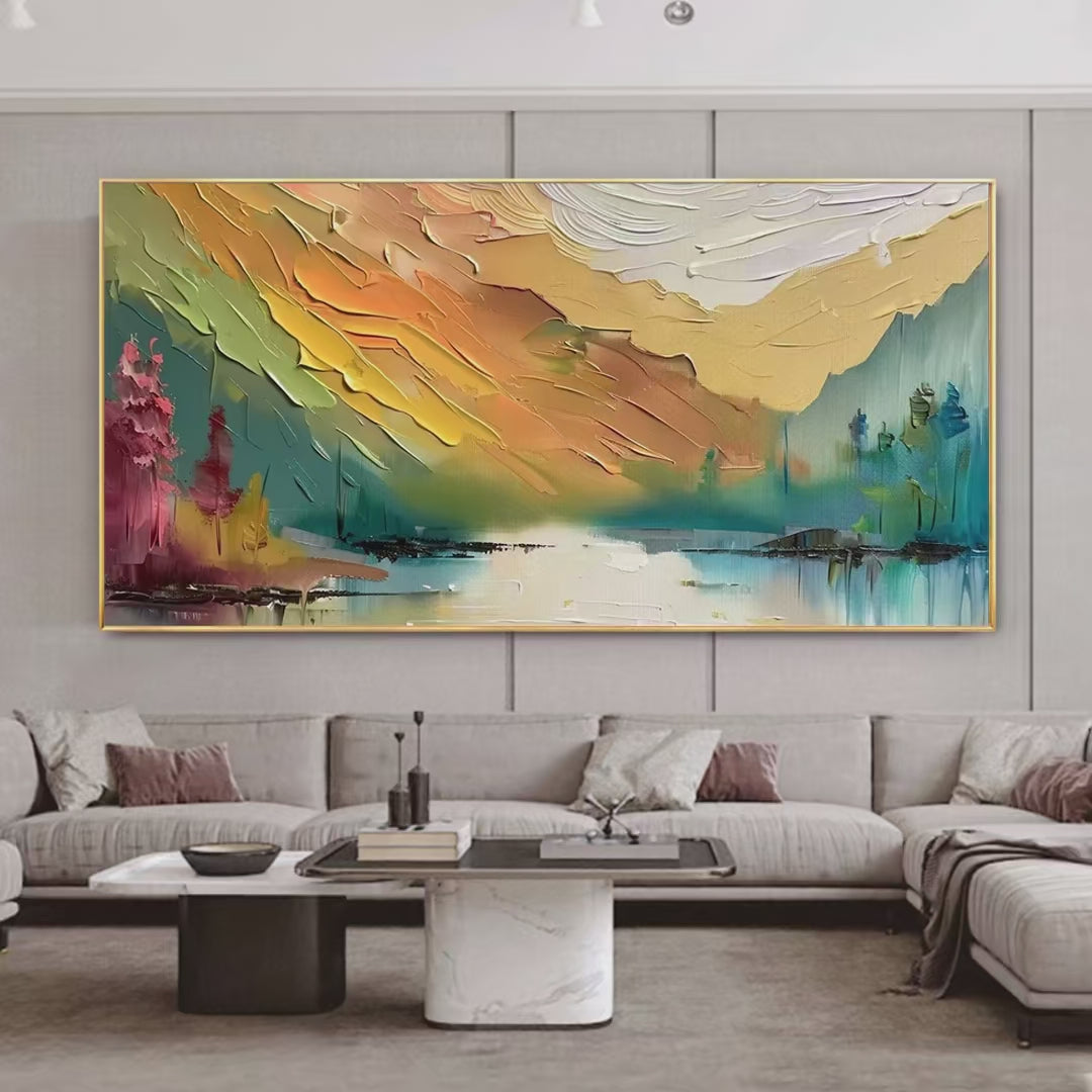 Autumn Valley hand-painted ocean blue, ivory and soft neutral tones textured coastal landscape painting shown with silver frame