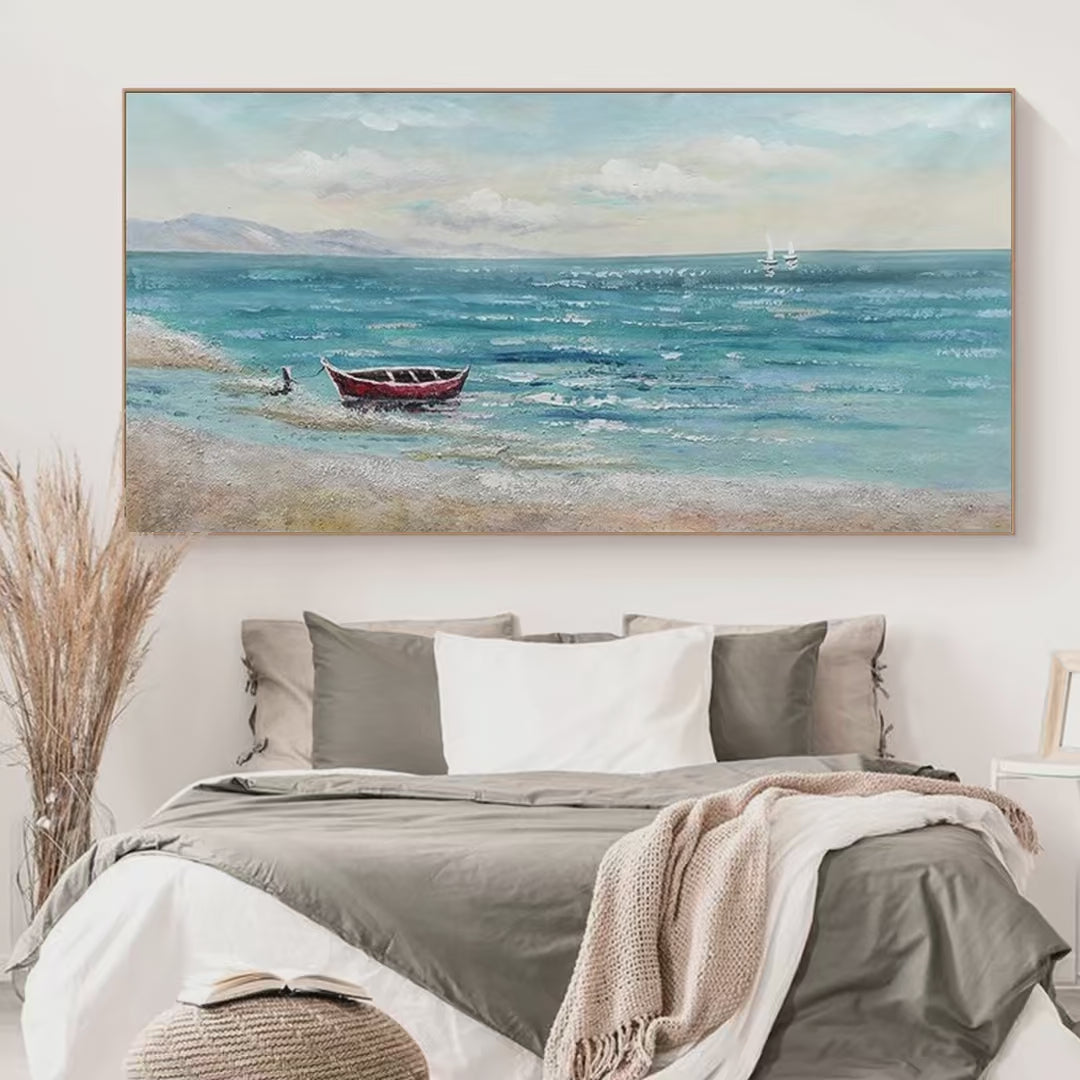 Red Boat At The Shore hand-painted red and ivory textured coastal landscape painting shown with silver frame