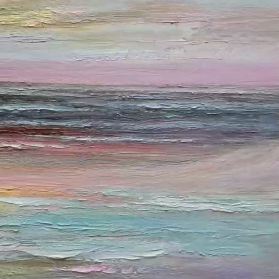Serene Sunset hand-painted ocean blue, ivory and soft neutral tones textured sunset seascape painting shown with gold frame