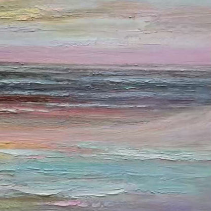 Serene Sunset hand-painted ocean blue, ivory and soft neutral tones textured sunset seascape painting shown with gold frame