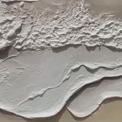 Serenity Tide hand-painted ivory, white, beige and sand textured beach scene painting shown with gold frame
