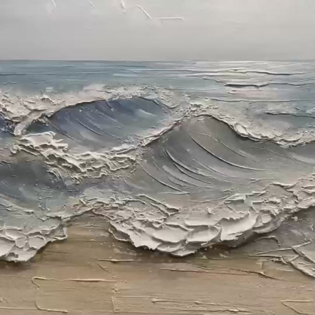 Ocean's Embrace hand-painted ocean blue, ivory and soft neutral tones textured seascape painting shown with gold frame