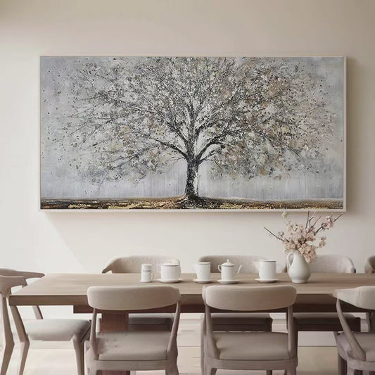 Silver Birch hand-painted soft grey and gold textured forest landscape painting shown as stretched canvas