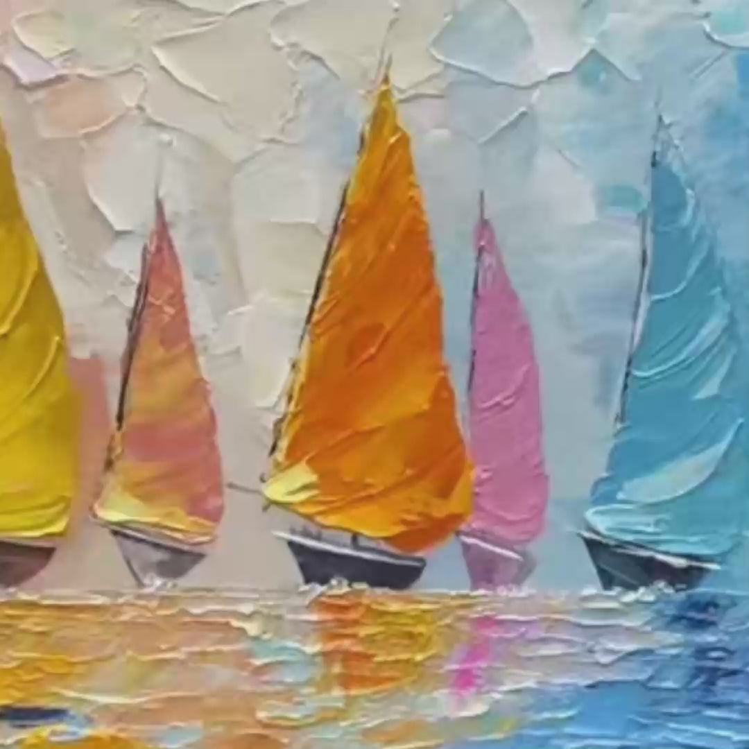 Regatta hand-painted ocean blue, ivory and soft neutral tones textured sailboat seascape painting shown with gold frame
