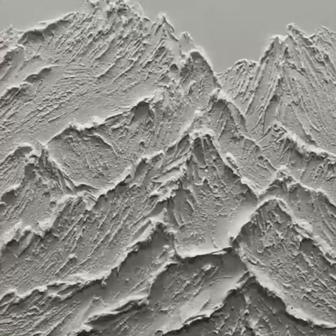 White Mountain hand-painted white and soft beige textured mountain landscape painting shown with silver frame