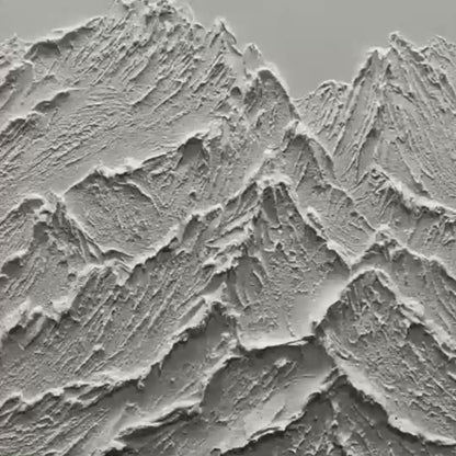 White Mountain hand-painted white and soft beige textured mountain landscape painting shown with silver frame