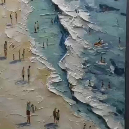 Sunlit Tideline hand-painted sand and ivory textured beach scene painting shown with gold frame