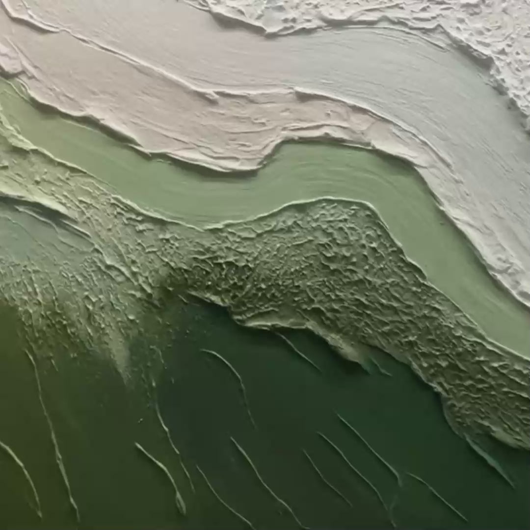 Emerald Flow hand-painted white and emerald green textured coastal landscape painting shown with gold frame