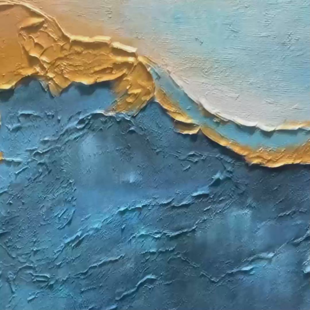 Gilded Tidepool hand-painted ocean blue and gold textured coastal abstract painting shown with gold frame
