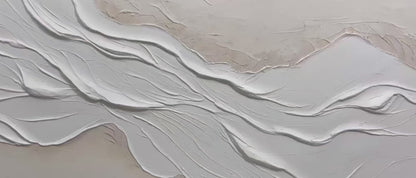 White Sands hand-painted white and beige textured coastal abstract painting shown with silver frame