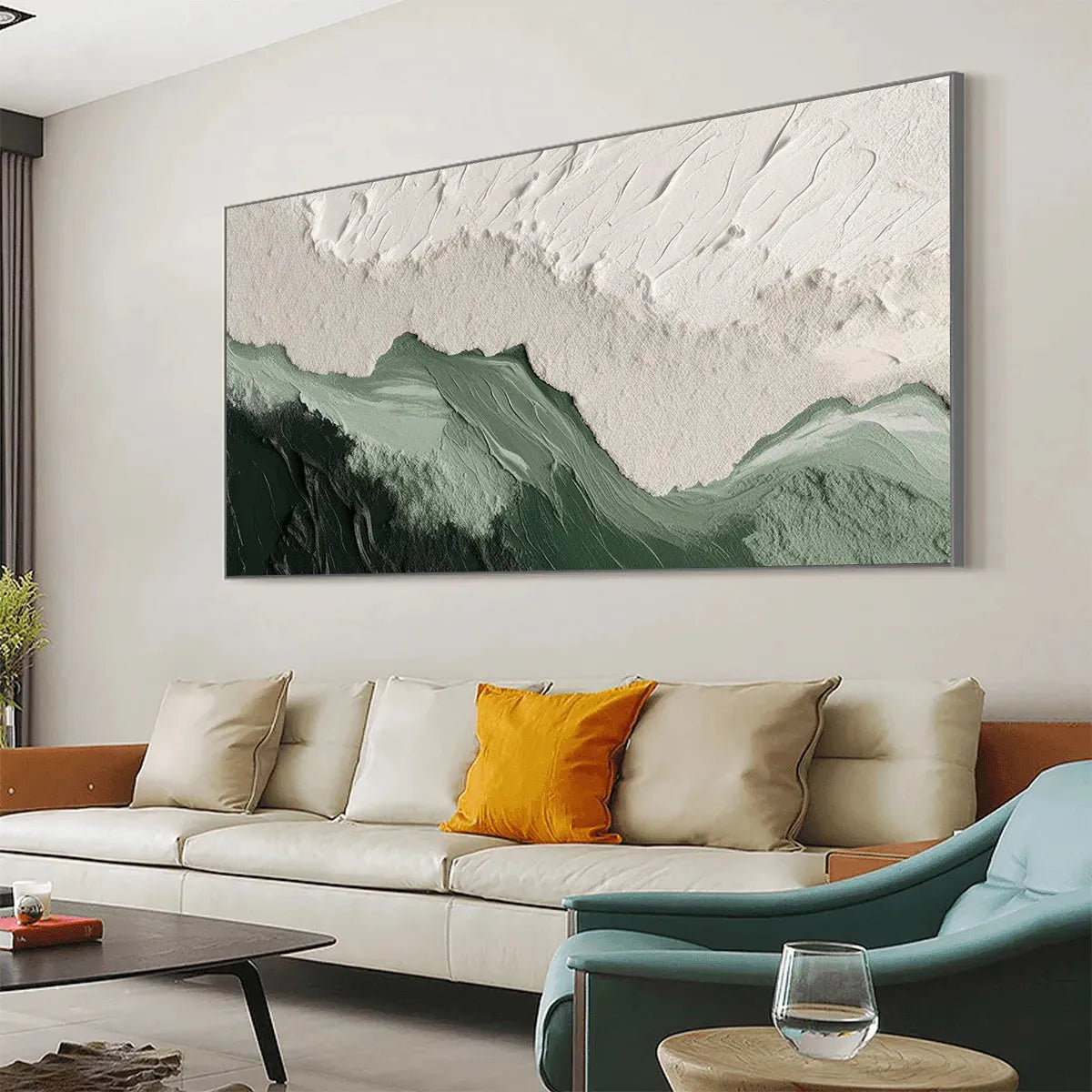 Sage River hand-painted white and sage green textured coastal landscape painting shown as stretched canvas