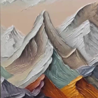 Majestic Peaks hand-painted slate blue, ivory and soft grey textured mountain landscape painting shown with gold frame