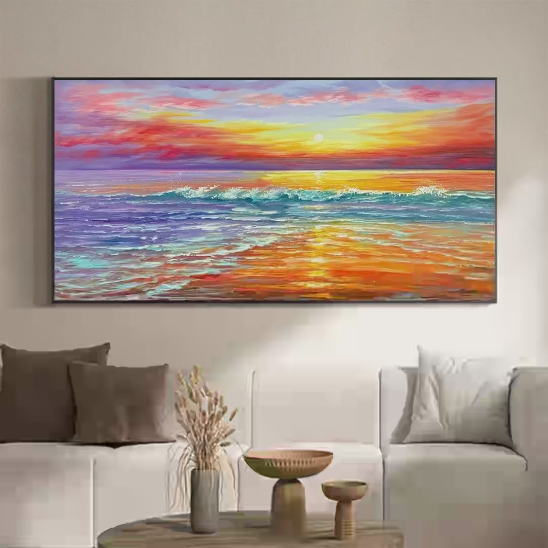 Tropical Sunset Beach hand-painted ocean blue, ivory and soft neutral tones textured sunset seascape painting shown with silver frame