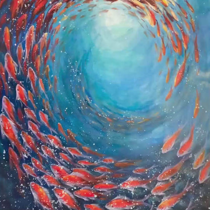 Coral Swirl hand-painted coral and ivory textured school of fish painting shown with gold frame