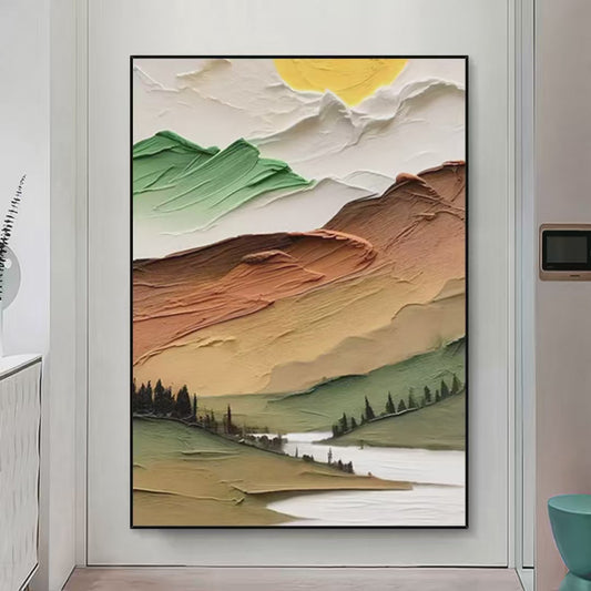 Golden Valley hand-painted green, gold and orange textured mountain valley painting shown as stretched canvas