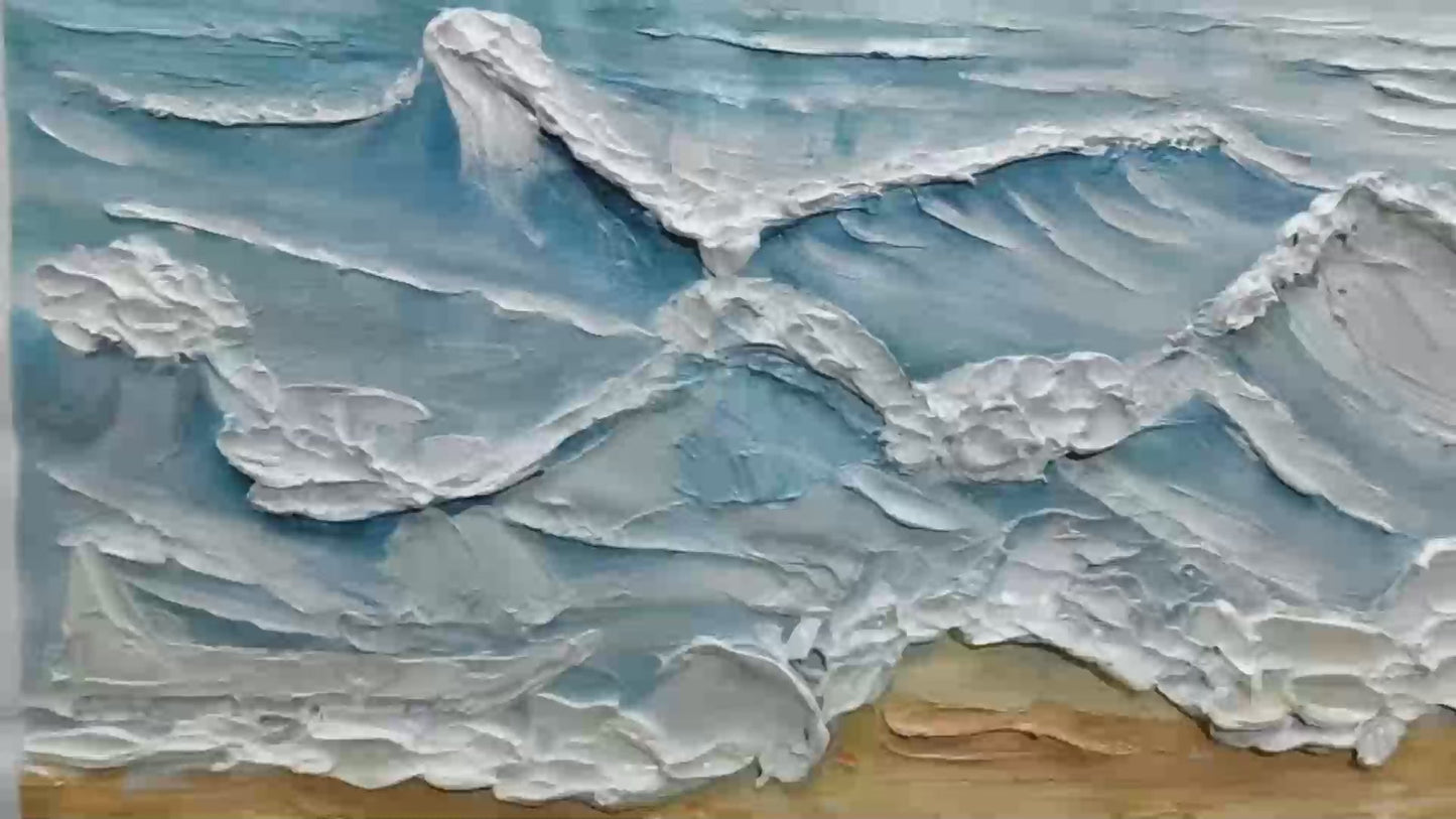Ocean's Embrace hand-painted ocean blue, ivory and soft neutral tones textured seascape painting shown with gold frame