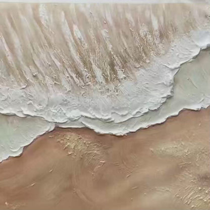 Eternal Tide hand-painted white, beige and sand textured ocean wave painting shown with silver frame