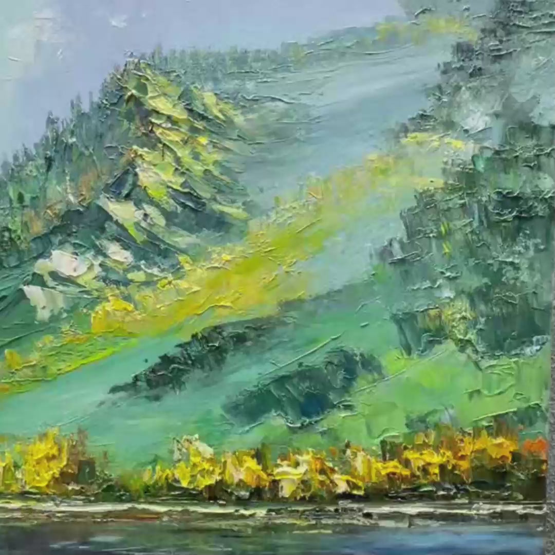 Alpine Reflection hand-painted slate blue, ivory and soft grey textured mountain lake painting shown with gold frame