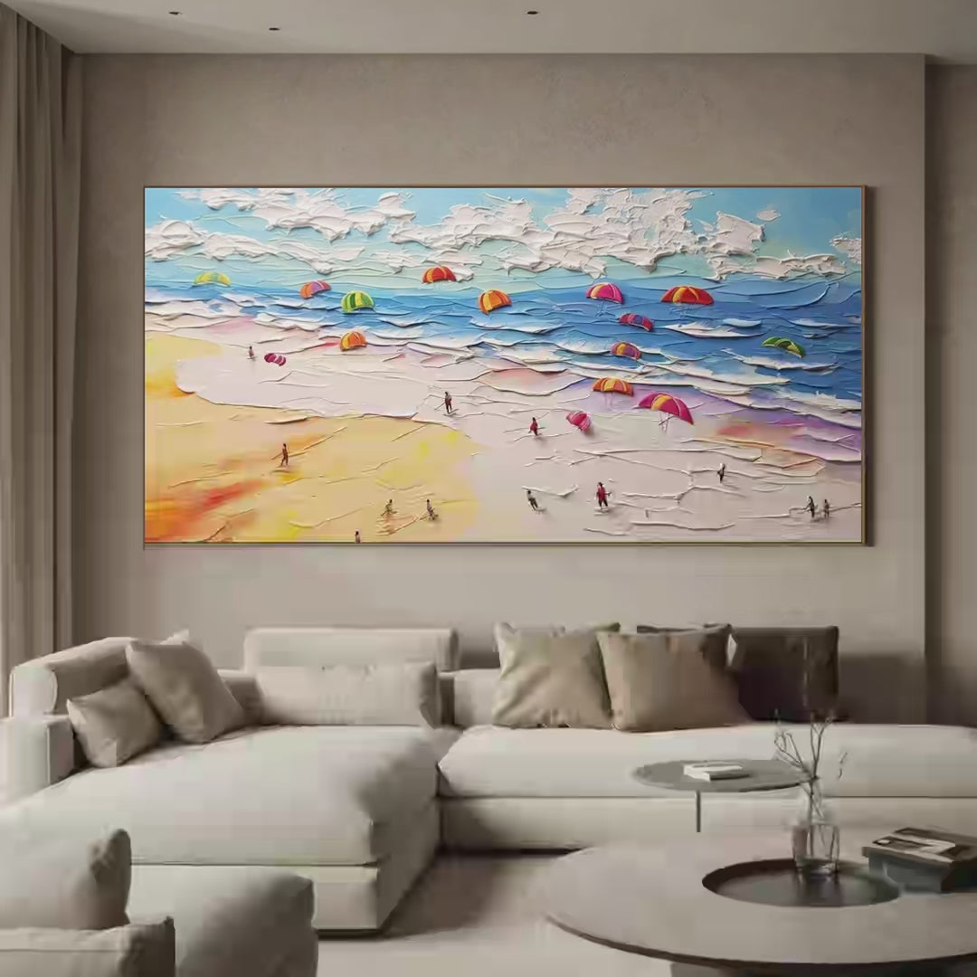 Seaside Celebration hand-painted sand and ivory textured beach scene painting shown with silver frame