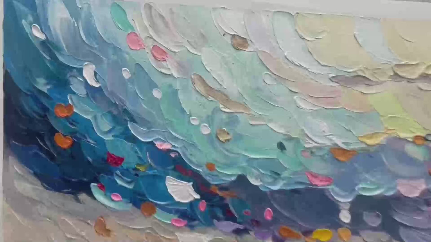 Coral Dream hand-painted coral and ivory textured coastal abstract painting shown with gold frame