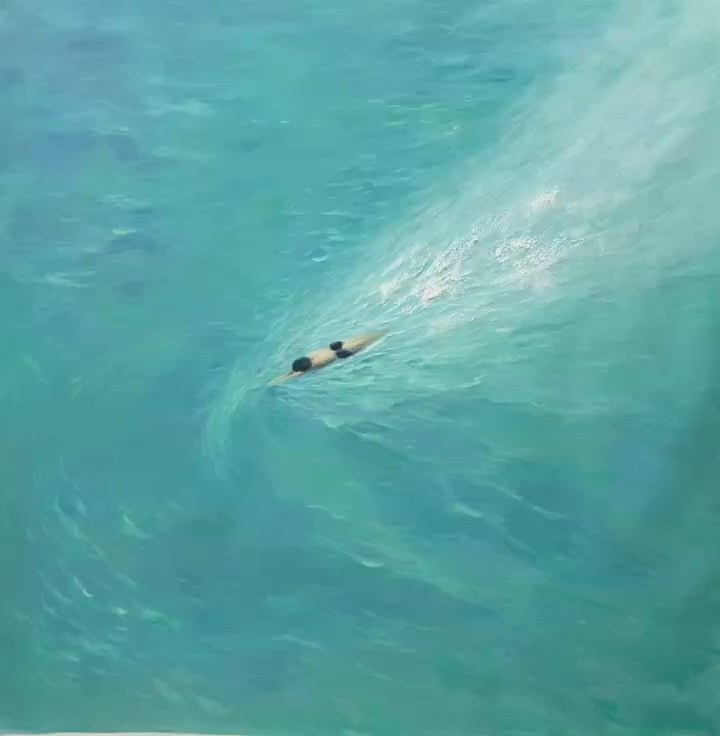Aqua Solitude hand-painted turquoise and aqua blue textured coastal abstract painting shown with gold frame