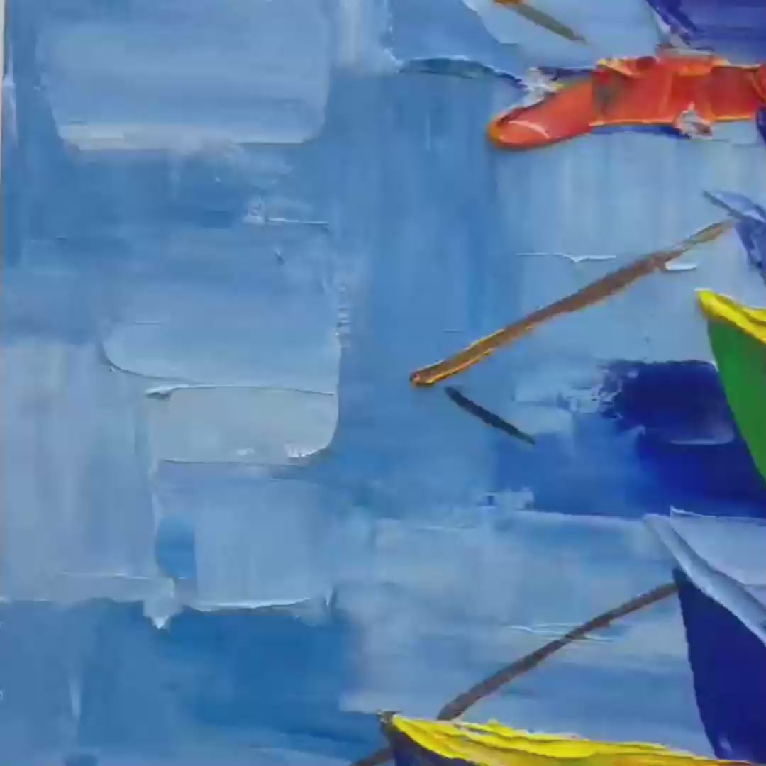 Rainbow Harbor hand-painted ocean blue, ivory and soft neutral tones textured seascape painting shown with gold frame