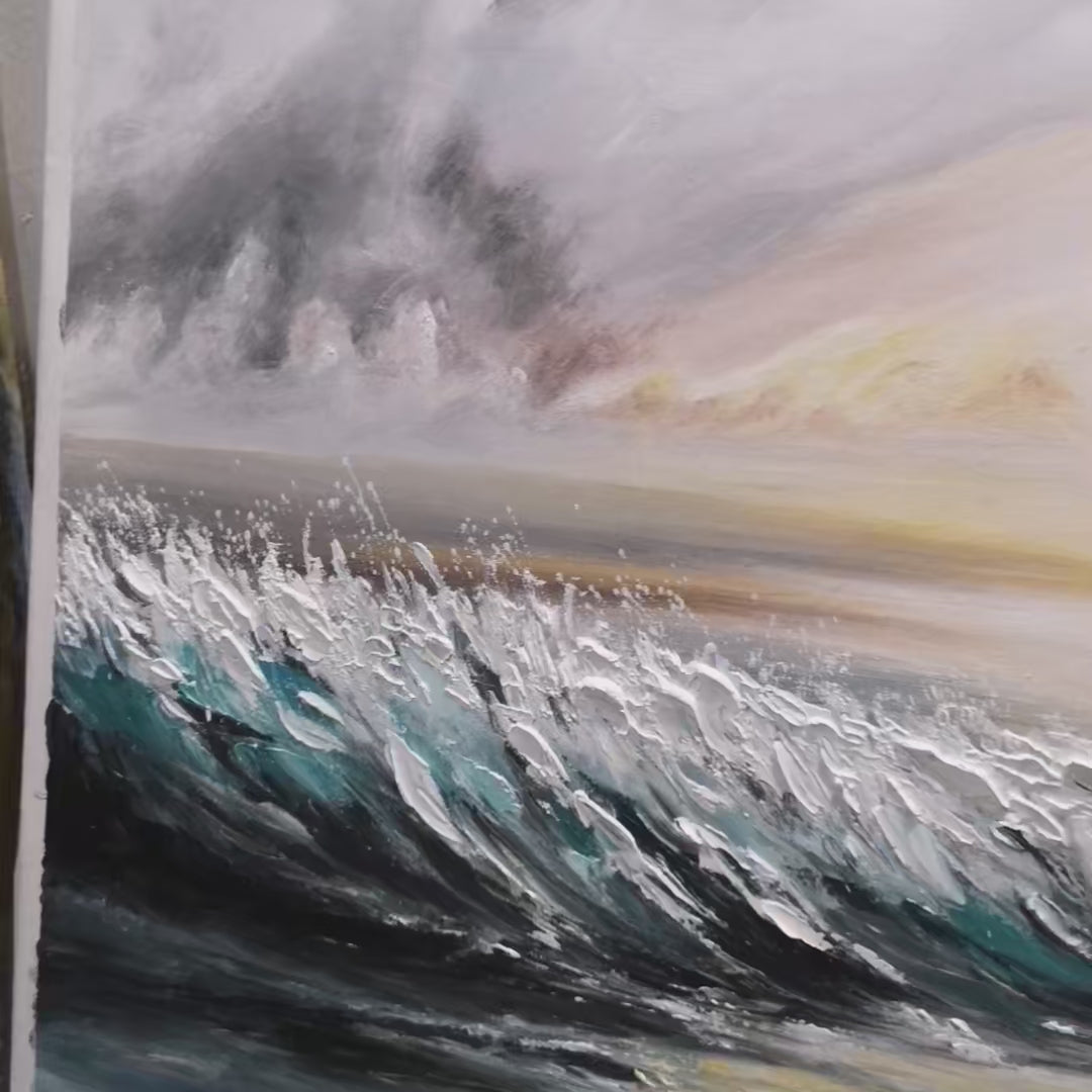 Dusk Tide hand-painted ocean blue, ivory and soft neutral tones textured sunset seascape painting shown with silver frame