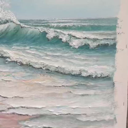 Ocean's Embrace hand-painted ocean blue, ivory and soft neutral tones textured ocean wave painting shown with gold frame