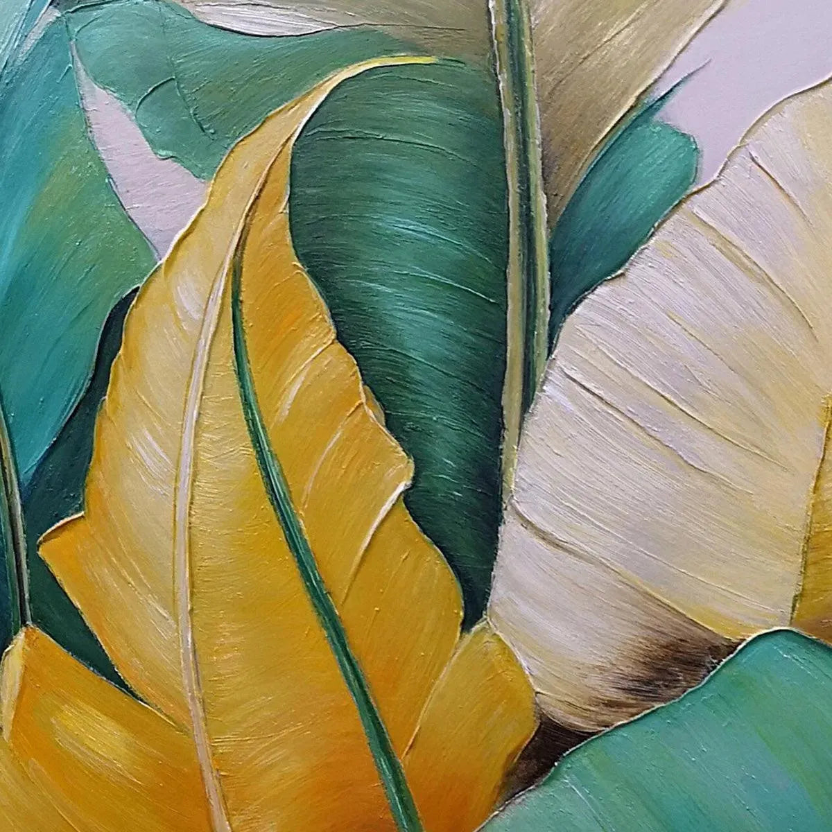 Tropical Abundance hand-painted green, gold and yellow textured botanical painting shown with gold frame