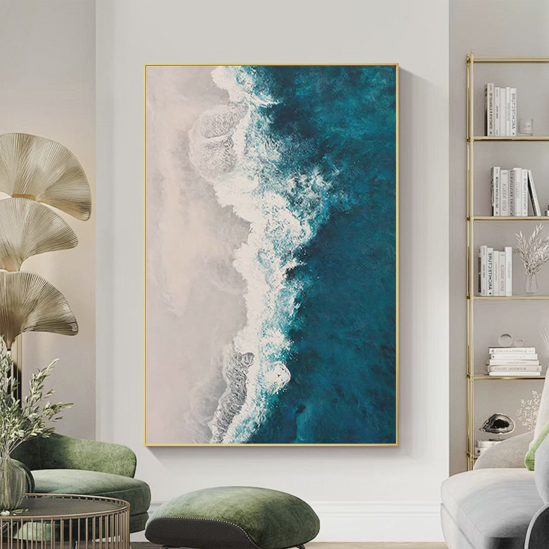 Azure Coast hand-painted beige, azure blue and ocean blue textured coastal abstract painting shown with silver frame