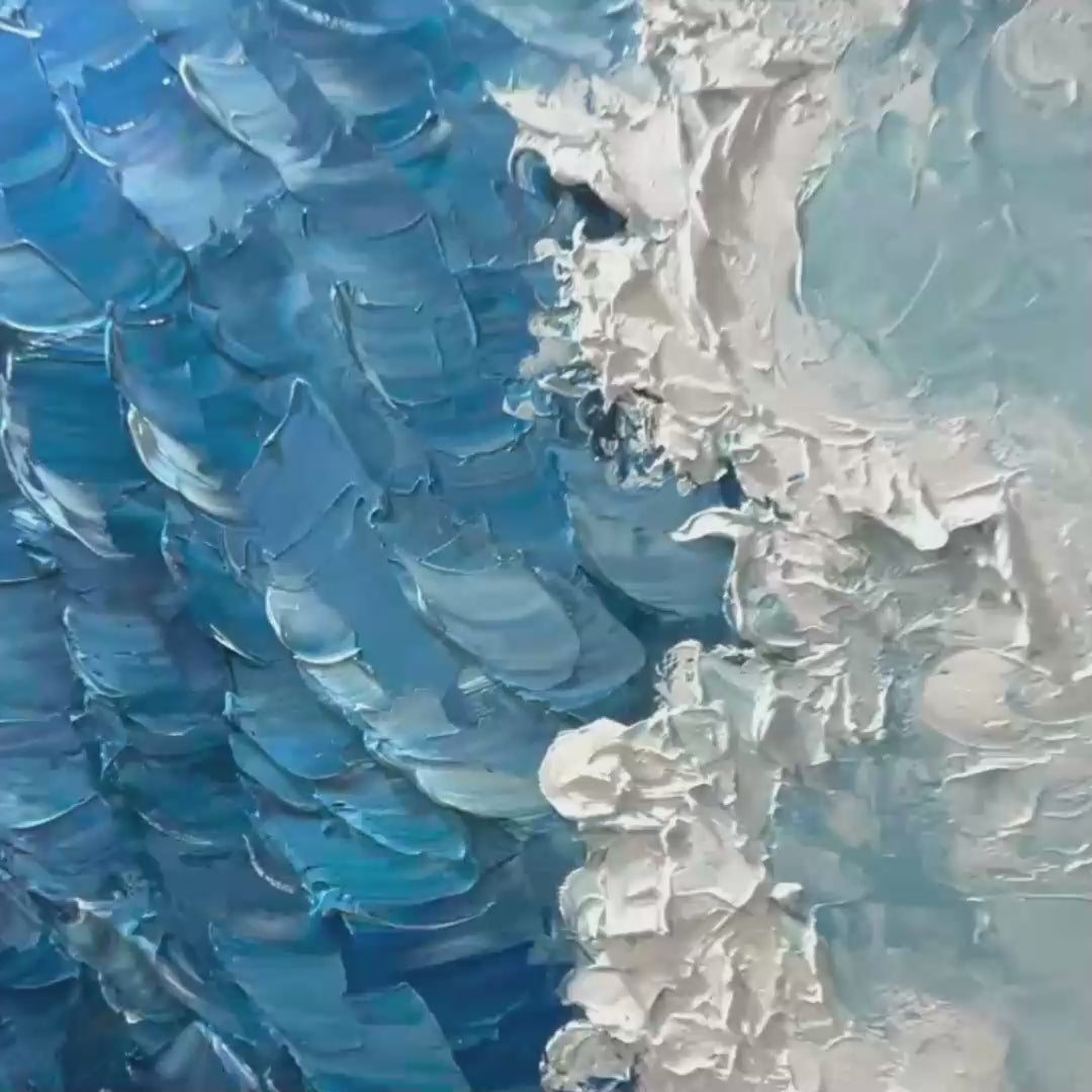 Oceanic Whispers hand-painted ocean blue and ivory textured coastal abstract painting shown with gold frame