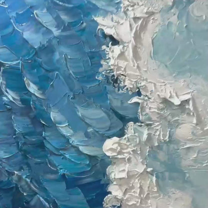 Oceanic Whispers hand-painted ocean blue and ivory textured coastal abstract painting shown with gold frame