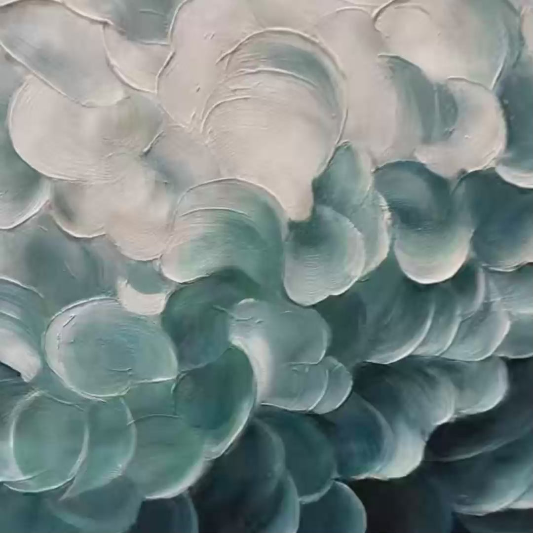 Mediterranean Breeze hand-painted white and teal textured coastal abstract painting shown with silver frame