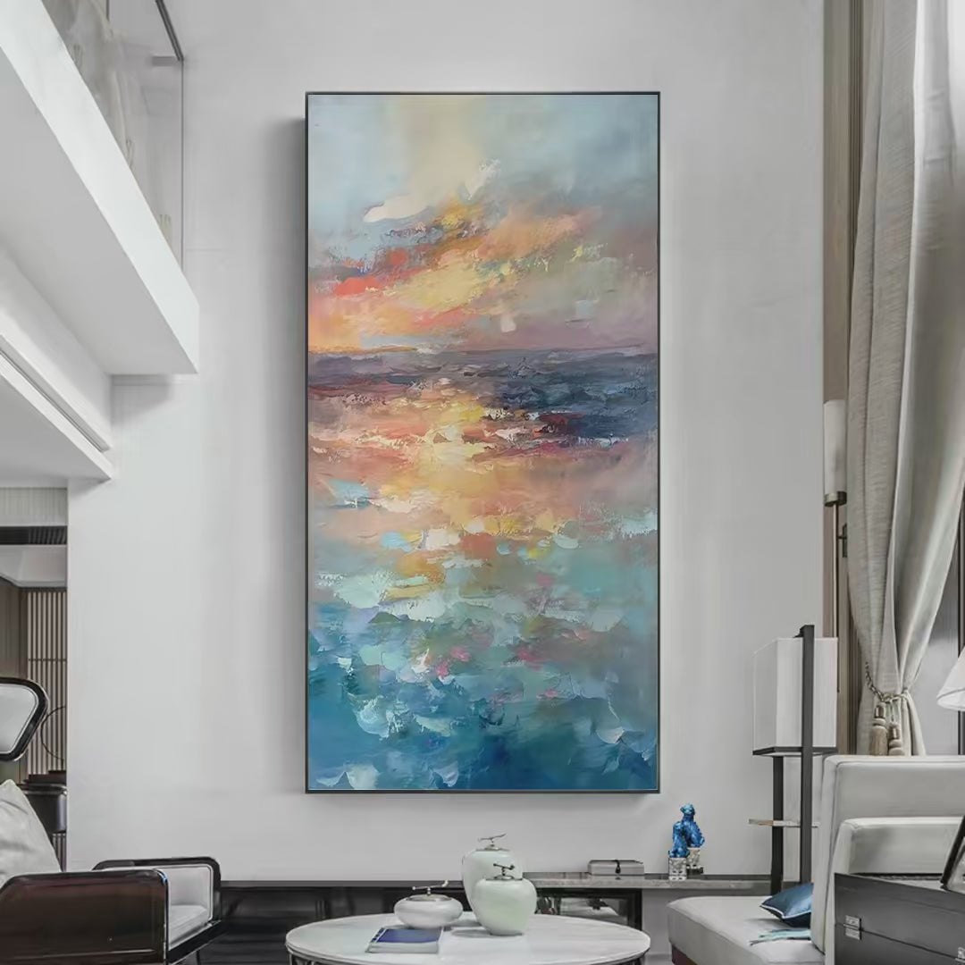 Golden Hour Seascape hand-painted gold, orange and pink textured sunset seascape painting shown as stretched canvas