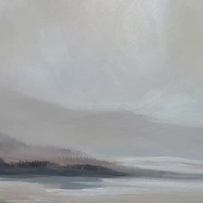 Misty Mountain Lake hand-painted ocean blue, ivory and soft neutral tones textured coastal landscape painting shown with gold frame