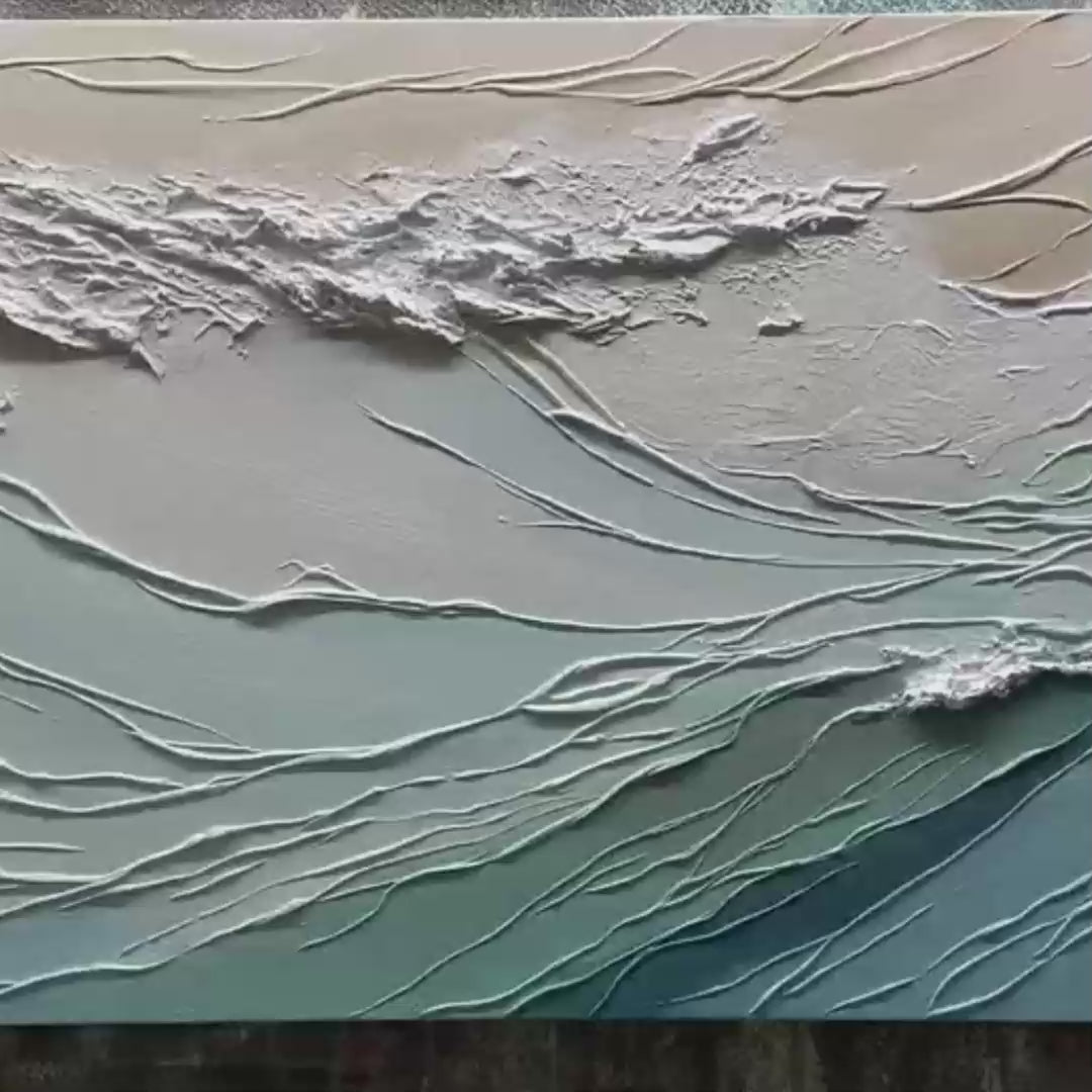 Oceanic Symphony hand-painted beige and ivory textured ocean wave painting shown with gold frame