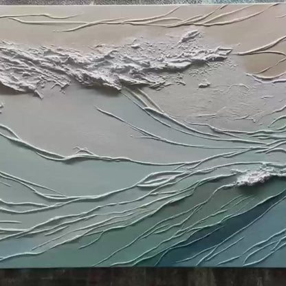 Oceanic Symphony hand-painted beige and ivory textured ocean wave painting shown with gold frame