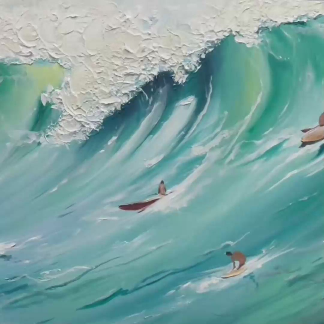 Epic Ride hand-painted orange and ivory textured surfer ocean painting shown with gold frame