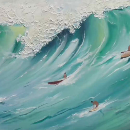 Epic Ride hand-painted orange and ivory textured surfer ocean painting shown with gold frame