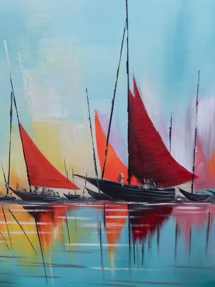 Harbor Sunset hand-painted ocean blue, ivory and soft neutral tones textured sailboat seascape painting shown with silver frame