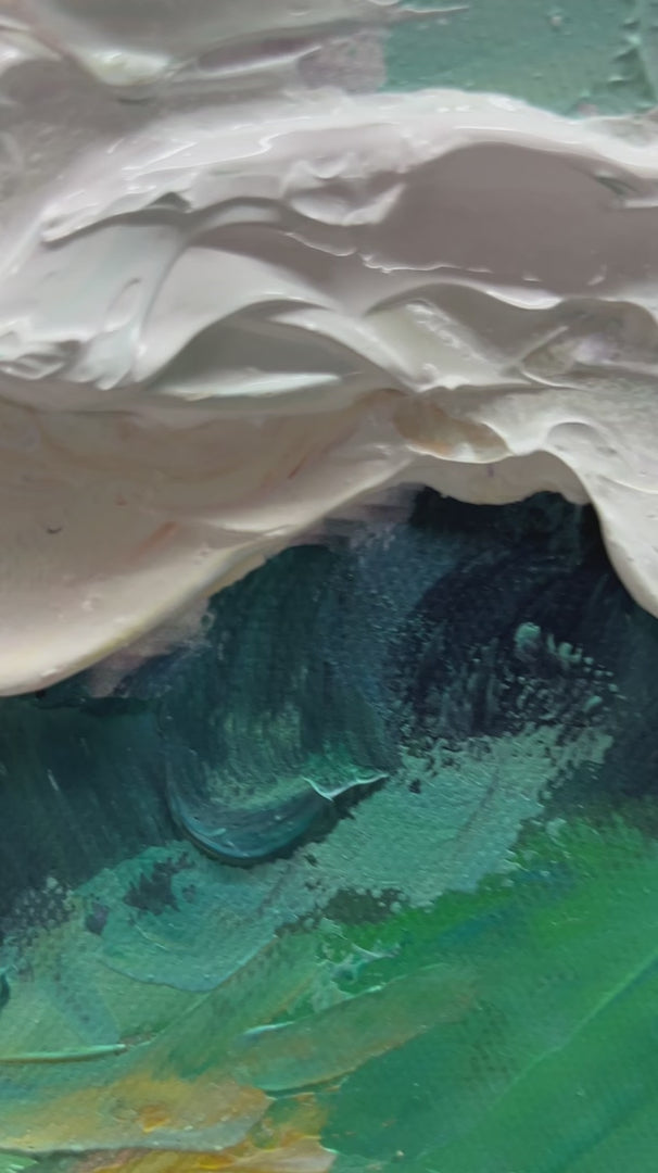 Catching The Wave hand-painted ocean blue, ivory and soft neutral tones textured surfer ocean painting shown with silver frame