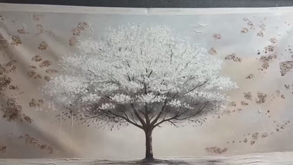 Winter's Grace hand-painted white, beige and gold textured tree painting shown with silver frame
