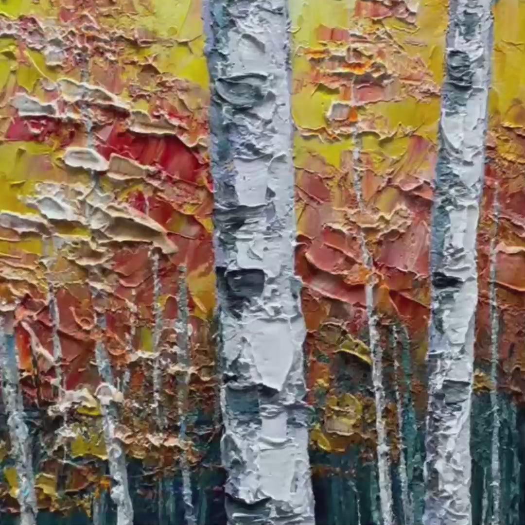 Golden Birch Grove hand-painted white, gold and yellow textured forest landscape painting shown with gold frame