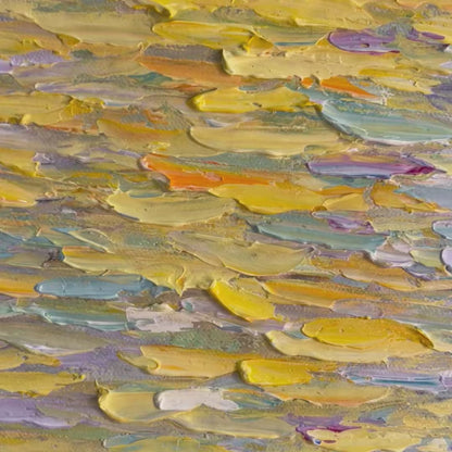 Golden Sunset Over Water hand-painted ocean blue and gold textured sunset seascape painting shown with gold frame