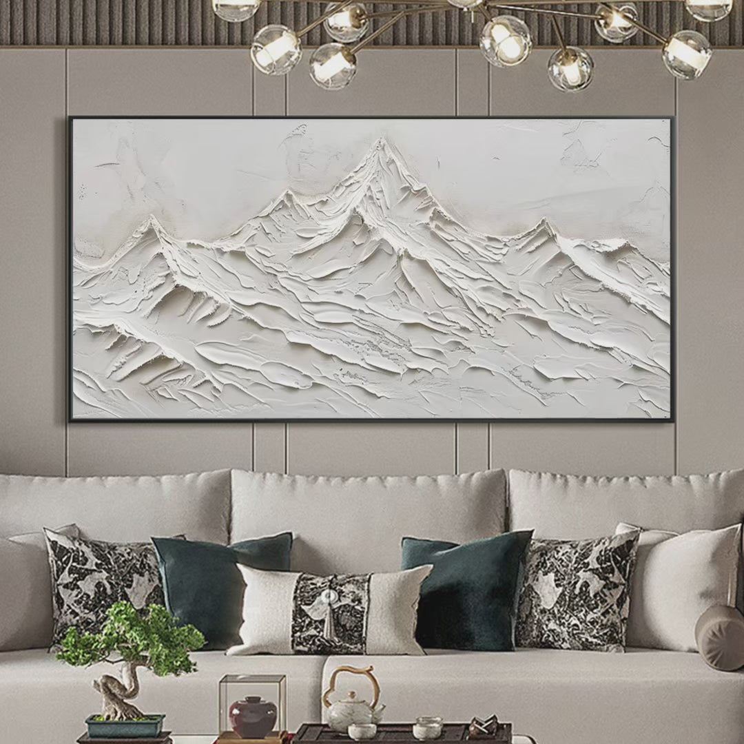 White Mountains hand-painted white and soft beige textured abstract mountain painting shown with silver frame