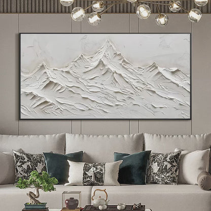White Mountains hand-painted white and soft beige textured abstract mountain painting shown with silver frame