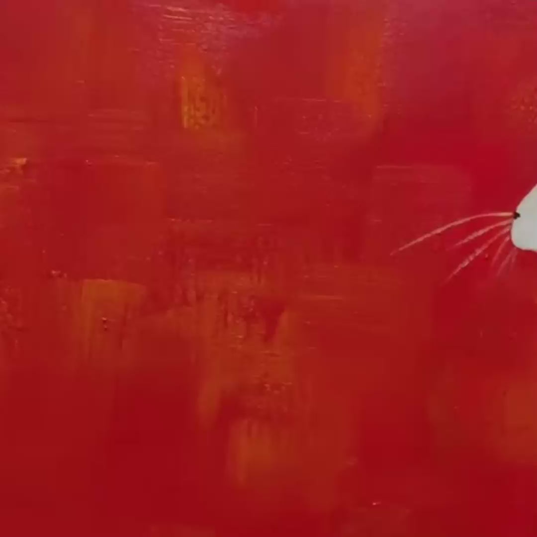 Minimalist Cat On Red Panoramic – Minimalist Cat Oil Painting, view 3