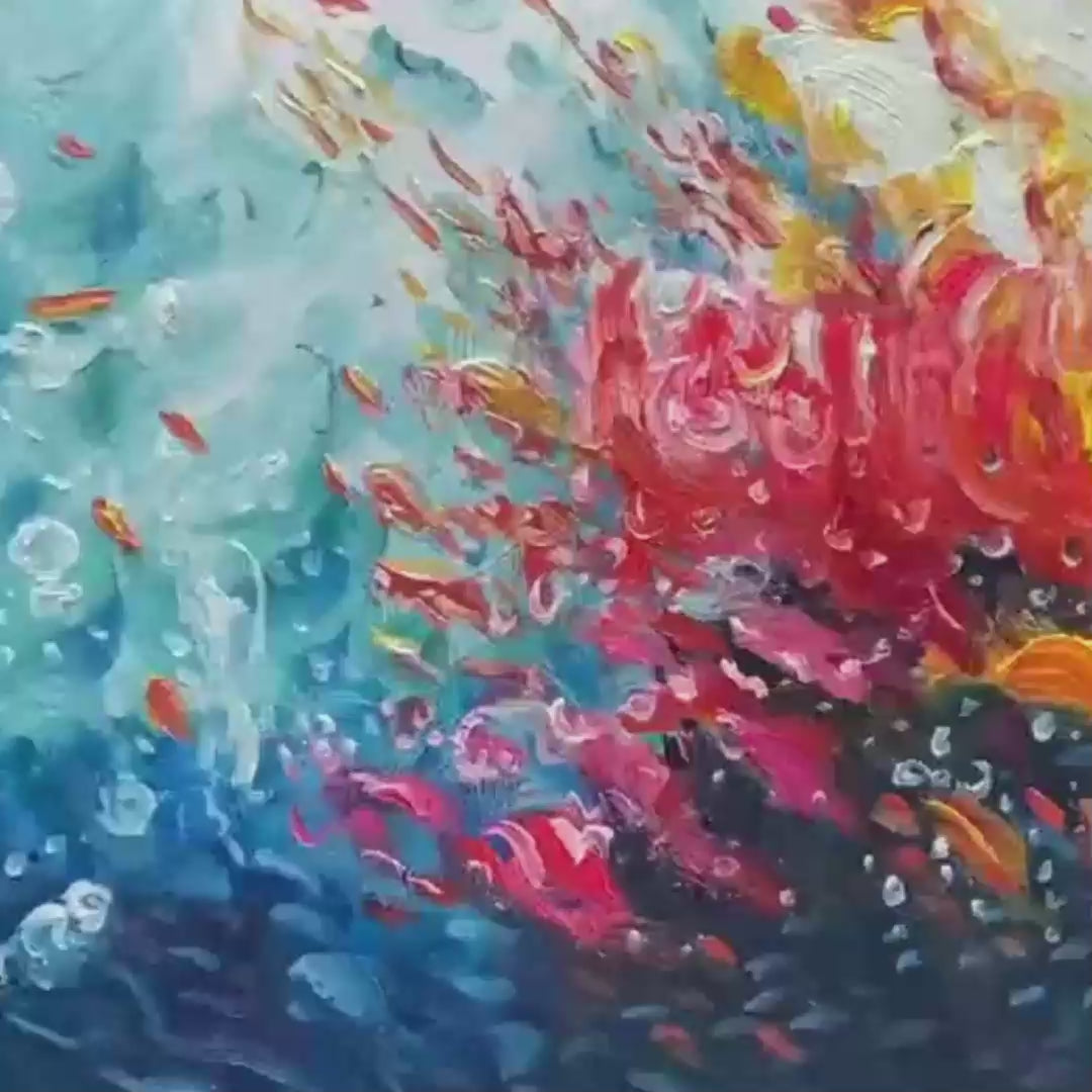 Coral Reef hand-painted coral and ivory textured coastal abstract painting shown with gold frame