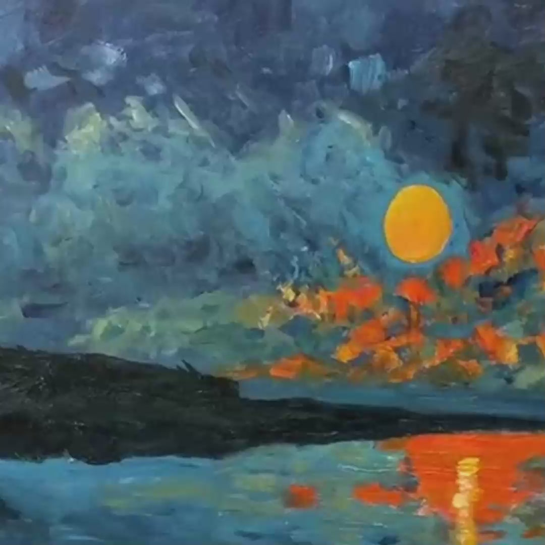 Harvest Moon Over The Lake hand-painted ocean blue and ivory textured sunset seascape painting shown with gold frame